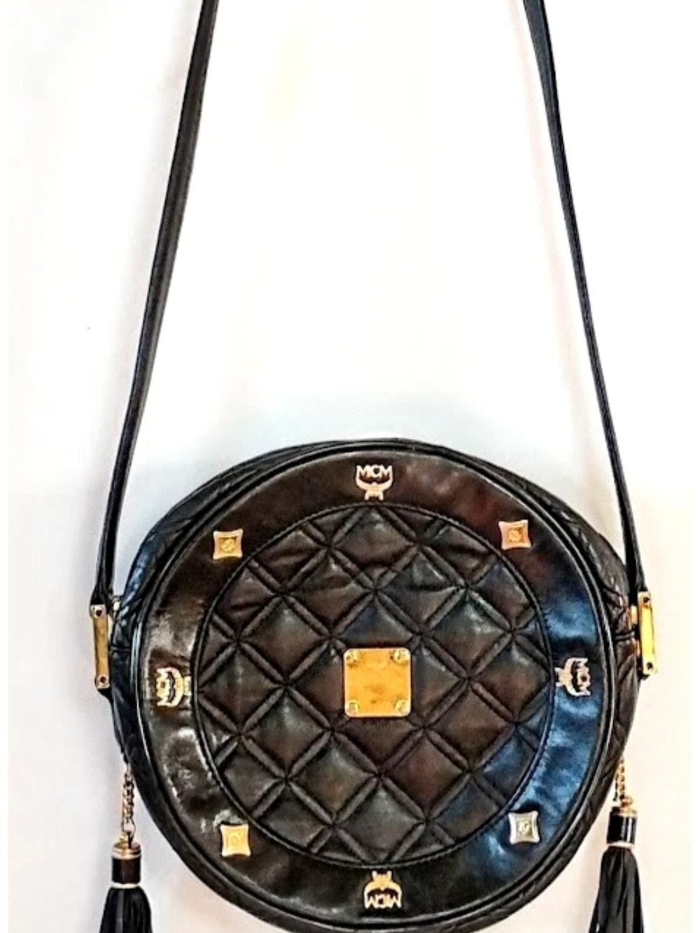 MCM Black Quilted Round Leather Crossbody with Gold Hardware